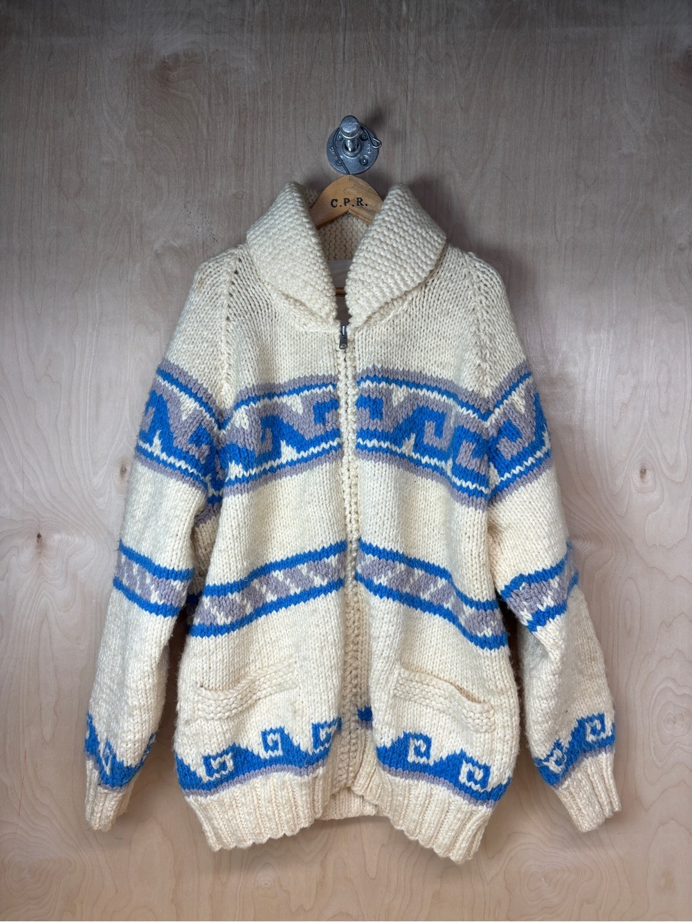 Vintage Cream & Blue Wave Cowichan Style Shawl Collar Zip Handknit Cardigan